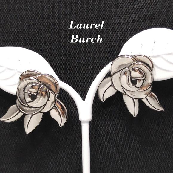 Vintage Laurel Burch Deco Rose Earrings Rhodium Plated Black Enamel 1980s